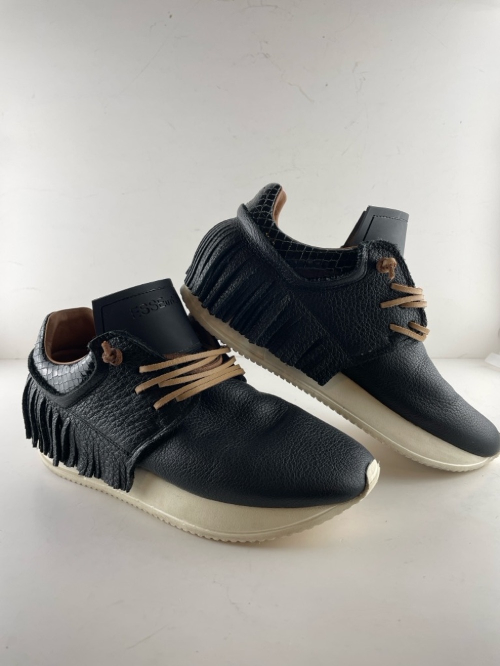 Esseutesse Black Leather Fringe Sneakers Italy Size 37 (6.5) Boho